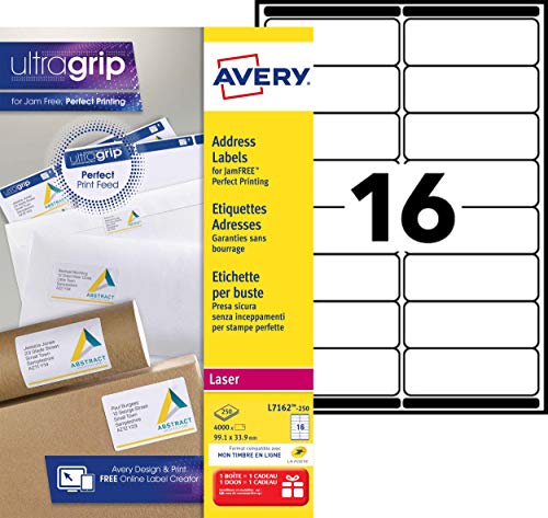Avery L7162-250 selbstklebende Etiketten, weiß, 4000 Stück, 99,1 x 33,9 mm, A4-Papier, A4-Blatt, für Laserdrucker, Stauschutz, FSC-Papier, für Adressierung und Versand Avery L7162-250 selbstklebende Etiketten, weiß, 4000 Stück, 99,1 x 33,9 mm, A4-Papier, A4-Blatt, für Laserdrucker, Stauschutz, FSC-Papier, für Adressierung und Versand von Avery