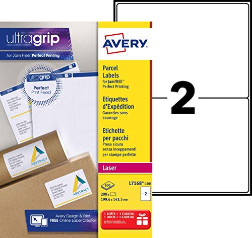 Avery L7168-100 selbstklebende Etiketten, weiß, 200 Stück, 199,6 x 143,5 mm, A4-Papier, A4-Blatt, für Laserdrucker, Stauschutz, FSC-Papier, für Adressierung und Versand von Avery