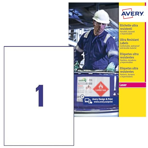 Avery b4775–50 A4 Ultra robuste Wasserdicht GHS Etiketten, bs5609 zertifiziert, für alle Drucker, 210 x 297 mm, weiß von Avery