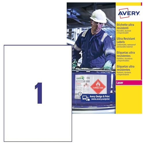 Avery b4775–50 A4 Ultra robuste Wasserdicht GHS Etiketten, bs5609 zertifiziert, für alle Drucker, 210 x 297 mm, weiß Avery b4775–50 A4 Ultra robuste Wasserdicht GHS Etiketten, bs5609 zertifiziert, für alle Drucker, 210 x 297 mm, weiß von Avery