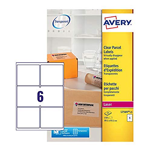 Avery Selbstklebende transparente Paket-Etiketten, Laserdrucker, 6 Etiketten pro Blatt, 150 Etiketten, QuickPEEL – transparent (L7564), 99,1 x 93,1 mm von AVERY