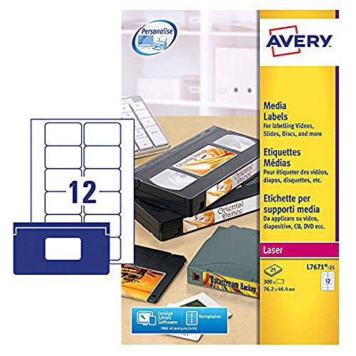Avery l7671–25 Video Face Etiketten für Laserdrucker (76,2 x 46,4 mm, 12 Etiketten pro A4 Blatt, 25 Blatt) von AVERY