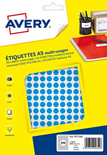 Avery pet08b Schutzhülle de 2940 Pastilles Durchmesser 8 mm A5 blau von Avery