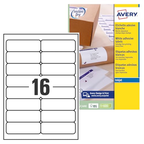 Avery schnelltrocknende Adressetiketten für Tintenstrahldrucker 16 pro Blatt 99,1 x 33,9 mm 400 Etiketten weiß Avery schnelltrocknende Adressetiketten für Tintenstrahldrucker 16 pro Blatt 99,1 x 33,9 mm 400 Etiketten weiß von Avery
