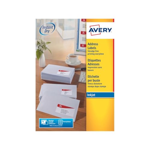 Avery schnelltrocknende Adressetiketten für Tintenstrahldrucker 24 pro Blatt 63,5 x 33,9 mm 2400 Etiketten weiß von Avery