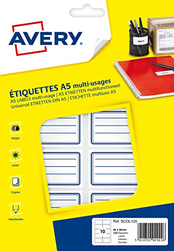 Avery scol120 Schutzhülle von 120 Etiketten Schul liniert 36 x 56 mm A5 blau von Avery