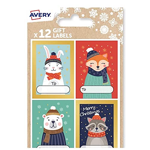 Avery Festliches Etiketten-Set mit Wintertier-Designs – 12 Stück Geschenk-Etiketten-Aufkleber, selbstklebende Premium-Weihnachts-Namensetiketten und Geschenkpapier-Dekoration. von AVERY
