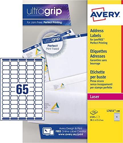 Avery L7651-100 weiße selbstklebende Etiketten, 6500 Stück, 38,1 x 21,2 mm, A4-Papier, A4-Blatt, für Laserdrucker, Stauschutz, FSC-Papier, für Adressierung und Versand Avery L7651-100 weiße selbstklebende Etiketten, 6500 Stück, 38,1 x 21,2 mm, A4-Papier, A4-Blatt, für Laserdrucker, Stauschutz, FSC-Papier, für Adressierung und Versand von Avery