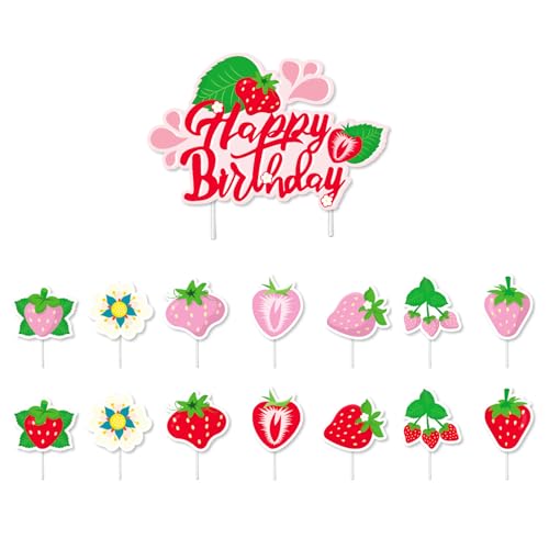 15 Stück Kuchendekorationen, Erdbeerdekorationen, geeignet für Kindergeburtstage, Partys, Muffins, Geburtstagsparty-Kuchendekorationen von AVRUYPI