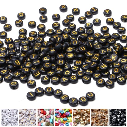 AWARDSEN 1500pcs Buchstabenperlen für Armbänder Schwarzer, 7 mm Acryl Buchstaben Perlen, Gold Buchstaben Für DIY Geeignet Halsketten Armbänder handwerk von AWARDSEN