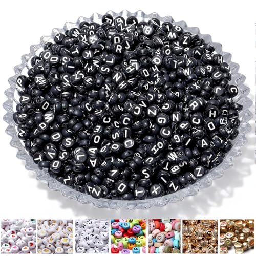 AWARDSEN 1500pcs Buchstabenperlen für Armbänder Schwarzer, 7 mm Acryl Buchstaben Perlen, Weiß Buchstaben Für DIY Geeignet Halsketten Armbänder handwerk von AWARDSEN