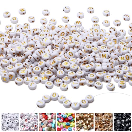 AWARDSEN 1500pcs Buchstabenperlen für Armbänder Weiß, 7 mm Acryl Buchstaben Perlen, Gold Buchstaben Für DIY Geeignet Halsketten Armbänder handwerk von AWARDSEN