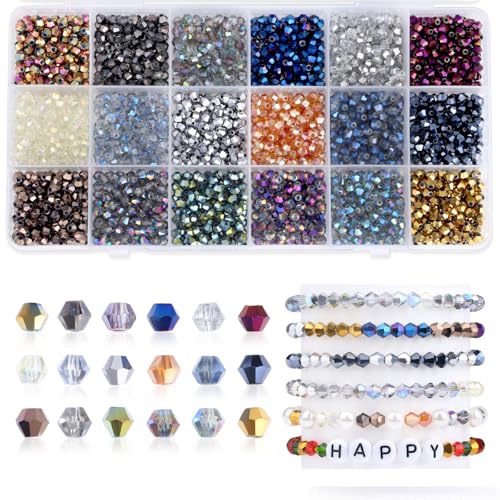 AWARDSEN 1800 Stück Glasperlen für Armbänder 4mm Perlen Zum Auffädeln Bicone Facettierte Kristallperlen Bastelperlen DIY Machen Set Lose Kandi Beads für Schmuck Basteln(Electroplated Color) von AWARDSEN