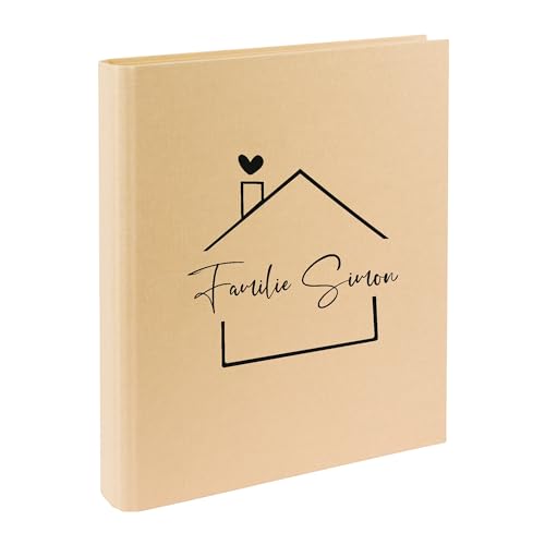 AWASG Dokumentenmappe Familie Haus - Personalisiert mit Namen - Ringbuch Ordner für die Familie - Familienordner Leinen zum Einsortieren von Unterlagen (creme) von AWASG