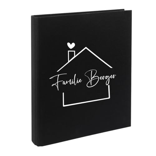 AWASG Dokumentenmappe Familie Haus - Personalisiert mit Namen - Ringbuch Ordner für die Familie - Familienordner Leinen zum Einsortieren von Unterlagen (schwarz) von AWASG