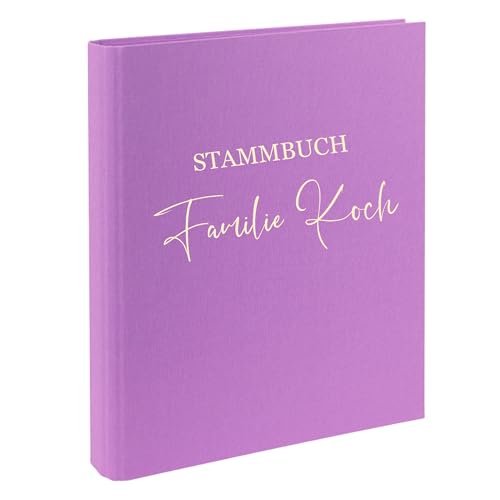 AWASG Dokumentenmappe Stammbuch - Personalisiert mit Namen - Ringbuch Ordner für die Familie - Familienordner Leinen zum Einsortieren von Unterlagen (lila) von AWASG