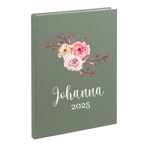 AWASG Notizbuch A5 – Personalisiert mit Name – Notizheft 200 Seiten dotted – Leinencover Grammatur 100g/m² - Blumen rosa (olive) von AWASG