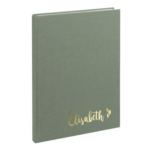 AWASG Notizbuch A5 – Personalisiert mit Name – Notizheft 200 Seiten dotted – Leinencover Grammatur 100g/m² - Blumendesign (olive) von AWASG