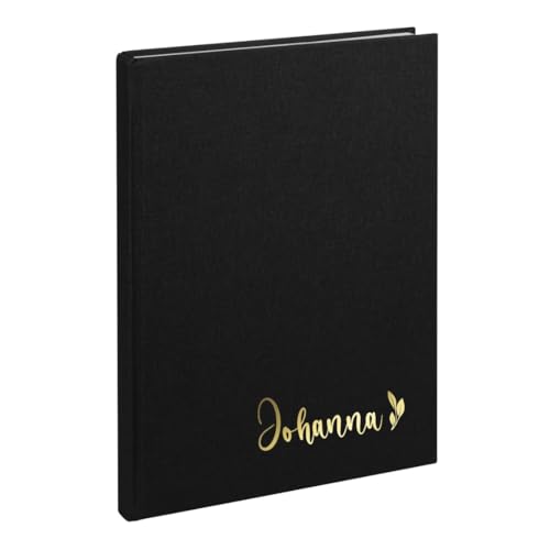 AWASG Notizbuch A5 – Personalisiert mit Name – Notizheft 200 Seiten dotted – Leinencover Grammatur 100g/m² - Blumendesign (schwarz) von AWASG