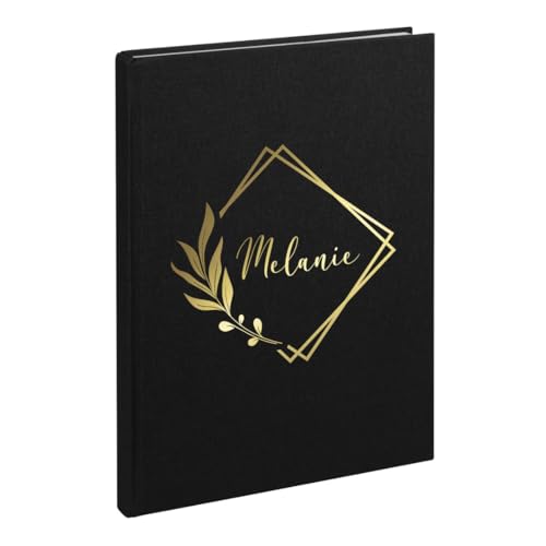 AWASG Notizbuch A5 – Personalisiert mit Name – Notizheft 200 Seiten dotted – Leinencover Grammatur 100g/m² - Blumenkranz geometrisch (schwarz) von AWASG