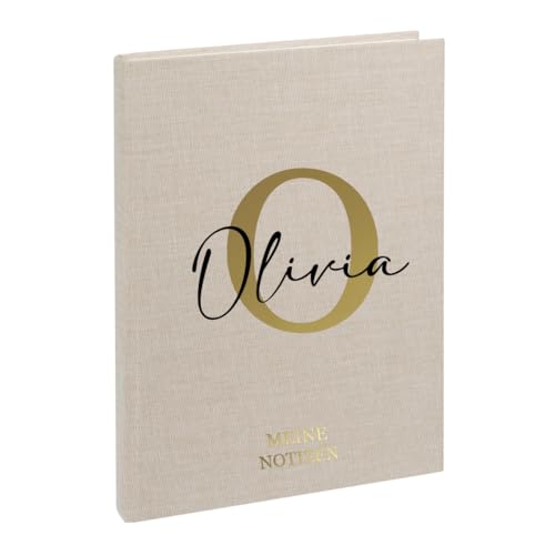 AWASG Notizbuch A5 – Personalisiert mit Name – Notizheft 200 Seiten dotted – Leinencover Grammatur 100g/m² - Buchstabe Initiale (beige) von AWASG