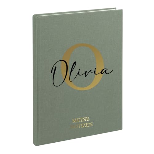 AWASG Notizbuch A5 – Personalisiert mit Name – Notizheft 200 Seiten dotted – Leinencover Grammatur 100g/m² - Buchstabe Initiale (olive) von AWASG