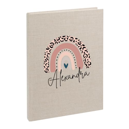 AWASG Notizbuch A5 – Personalisiert mit Name – Notizheft 200 Seiten dotted – Leinencover Grammatur 100g/m² - Regenbogen (beige) von AWASG