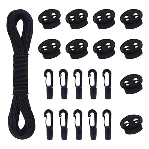 AWBEOT Schwarzes elastisches Seil 3 mm x 30 m, elastische Spanner, mit 10 Stück Seilstopper mit Doppel-Loch, 10 Stück Kunststoffhaken, für Planen, Zelte, Transport von Autos AWBEOT Schwarzes elastisches Seil 3 mm x 30 m, elastische Spanner, mit 10 Stück Seilstopper mit Doppel-Loch, 10 Stück Kunststoffhaken, für Planen, Zelte, Transport von Autos von AWBEOT