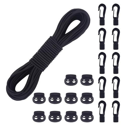 AWBEOT Schwarzes elastisches Seil 5 mm x 20 m, elastische Spanner, mit 10 Stück Seilstopper mit Doppel-Loch, 10 Stück Kunststoffhaken, für Planen, Zelte, Transport von Autos AWBEOT Schwarzes elastisches Seil 5 mm x 20 m, elastische Spanner, mit 10 Stück Seilstopper mit Doppel-Loch, 10 Stück Kunststoffhaken, für Planen, Zelte, Transport von Autos von AWBEOT
