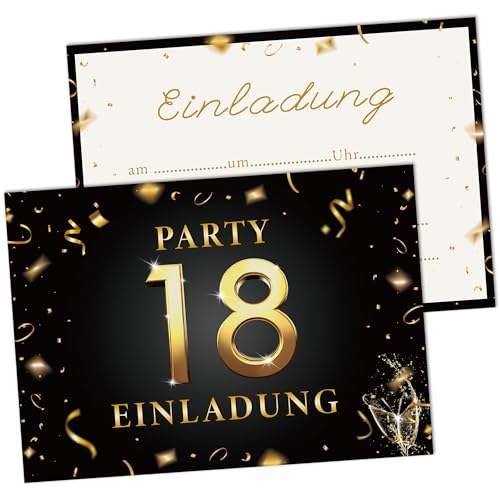 AWCIGG Einladungskarten 18. Geburtstag Frau Mann, 15 Stück karten zum 18. Geburtstag blanko A6 (148x105mm), Kartenset in Schwarz & Gold, Beschriftbare 18 geburtstag Seinladungen, Partyzubehör von AWCIGG