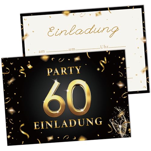 AWCIGG Einladungskarten 60. Geburtstag Frau Mann, 15 Stück karten zum 60. Geburtstag blanko A6 (148x105mm), Kartenset in Schwarz & Gold, Beschriftbare 60 geburtstag Seinladungen, Partyzubehör von AWCIGG