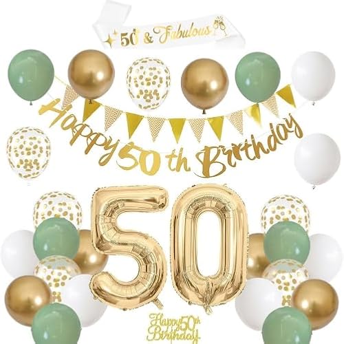 Sage Green Gold Weiße 50. Geburtstag Dekoration Set mit Banner Luftballons Kuchen Topper Schärpe Girlanden Flaggen 50. Heliumballons für Damen und Herren 50 Geburtstag Dekoration Sage Green Gold Weiße 50. Geburtstag Dekoration Set mit Banner Luftballons Kuchen Topper Schärpe Girlanden Flaggen 50. Heliumballons für Damen und Herren 50 Geburtstag Dekoration von AWCIGG