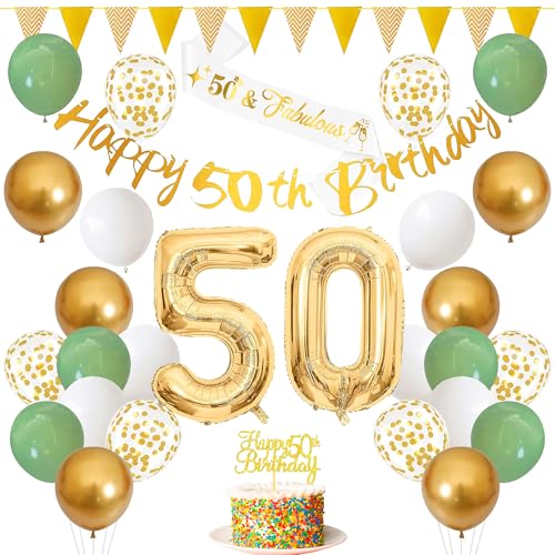 Deko 50. Geburtstag Frauen Mann 50 Geburtstag Deko Salbeigrün Luftballons 50 geburtstag mit Happy 50th Birthday Banner von AWCIGG
