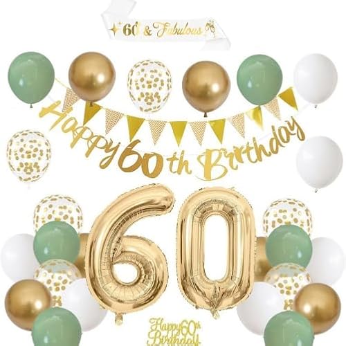 Sage Green Gold Weiße 60. Geburtstag Dekoration Set mit Banner Luftballons Kuchen Topper Schärpe Girlanden Flaggen 60. Heliumballons für Damen und Herren 60 Geburtstag Dekoration Sage Green Gold Weiße 60. Geburtstag Dekoration Set mit Banner Luftballons Kuchen Topper Schärpe Girlanden Flaggen 60. Heliumballons für Damen und Herren 60 Geburtstag Dekoration von AWCIGG
