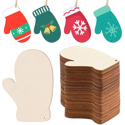 AWIZOM 150 Stück Winterhandschuh-Holzausschnitte, unlackierte Holzhandschuhe, Ornamente, blanko, Weihnachtsscheiben mit Bindfaden, für Bastelarbeiten, Geschenkanhänger, Winter, Weihnachtsbaum von AWIZOM