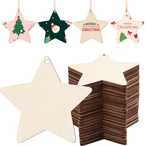 AWIZOM 60 Stück unlackierte Stern-Holzornamente, Weihnachtsstern-Ausschnitte zum Bemalen von Blanko-Holzscheiben mit Bindfaden, für Bastelarbeiten, Geschenkanhänger, Weihnachten, Winterurlaub von AWIZOM