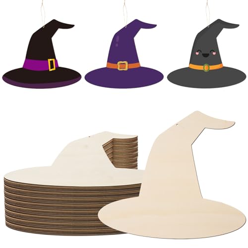 AWIZOM Hexenhut-Holzausschnitte, unlackierte Hexenhut-Holzschilder, blanko, Halloween-Holzornamente mit Bindfaden, für Bastelarbeiten, Malerei, Lasergravur, Projekte, Türaufhänger, Dekoration, 30 x 26 von AWIZOM