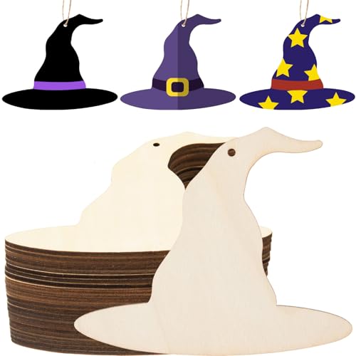 AWIZOM Hexenhut-Holzausschnitte mit Loch, unlackierter Hexenhut, Ornamente, blanko, Halloween-Scheiben mit Bindfaden, für Bastelarbeiten, Geschenkanhänger, Halloween-Hängedekorationen, 12 x 10 cm, 48 AWIZOM Hexenhut-Holzausschnitte mit Loch, unlackierter Hexenhut, Ornamente, blanko, Halloween-Scheiben mit Bindfaden, für Bastelarbeiten, Geschenkanhänger, Halloween-Hängedekorationen, 12 x 10 cm, 48 von AWIZOM