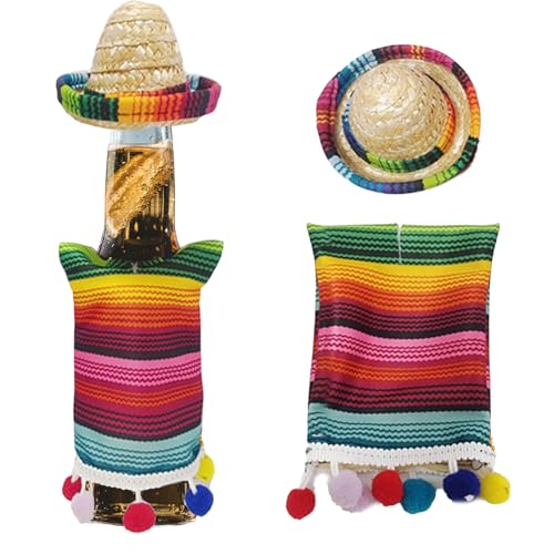 AWOCAN Mini Mexiko Sombrero Hut Cinco De Mayo Mexikanischer Bierponcho Mini Serapes Dekorationen für Flasche Mexikanische Themenparty Dekoration Zubehör (Farbe) von AWOCAN