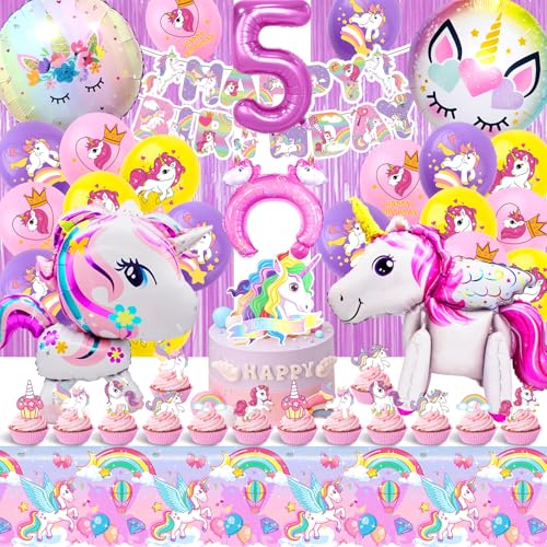 Einhorn Geburtstag 5 Jahre - 52 Stück Deko Set für Mädchen Mit Luftballons, Folienballon und Party Zubehör für Kindergeburtstag von AWOUSUE
