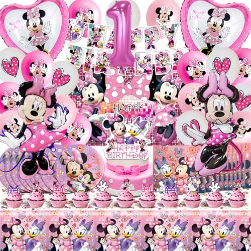 Minnie Geburtstag Deko für 1. Mädchen - Luftballons, Partygeschirr, Hintergrund, Servietten und Folienballon von AWOUSUE