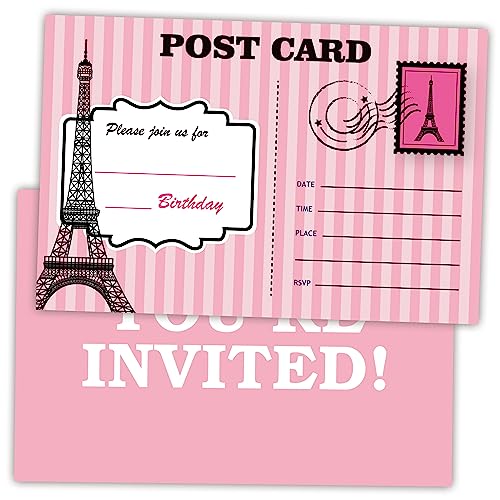 Blush Paris Geburtstagseinladungen, Eiffelturm, doppelseitige Einladungskarten für Geburtstagsparty, Jungen, Mädchen, Kinder, Teenager, 20 Einladungen mit Umschlägen, Partygeschenk und Zubehör,A10 von AWSICE