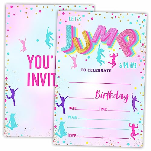 Let's Jump & Play Geburtstagseinladungen, Trampolin, doppelseitige Einladungskarten zum Ausfüllen für Geburtstagsparty, Jungen, Mädchen, Kinder, Teenager, Dekorationen, Partygeschenk und Zubehör-B01 von AWSICE