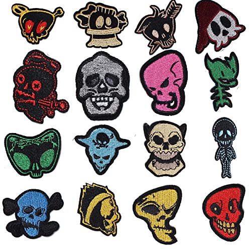 AXEN 16PCS Skull Embroidered Iron on Patches DIY Accessories, Assorted Skull Decorative Patches, Cute Sewing Applique for Jackets, Hats, Backpacks, Jeans von AXEN