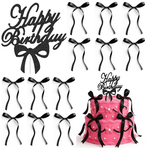 12 Stück Tortendeko mit Schleife, Happy Birthday Tortendeko Schwarz, Mädchen Cake Topper Hochzeit, Schwarze Schleifen Deko für Geburtstag, Party, Hochzeit, Valentinstag 12 Stück Tortendeko mit Schleife, Happy Birthday Tortendeko Schwarz, Mädchen Cake Topper Hochzeit, Schwarze Schleifen Deko für Geburtstag, Party, Hochzeit, Valentinstag von AXERHK
