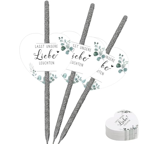 150 Stück Wunderkerzen Hochzeit Etiketten, Gastgeschenke Hochzeit mit "Lasst Unsere Liebe Leuchten" Motiv, Doppelt Gelochte Kärtchen für Wunderkerzen und Knicklichter (Eukalyptus) von AXERHK