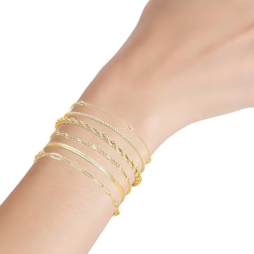 Damen Armband, Armband Set, 6 Stück Bettelarmband, Stilvoll und Exquisit Stapelbar Bracelet Women mit Geschichteten Kubanischen Gliederketten, für Geschenke für Fraue, Kinder Fußkette von AXERHK
