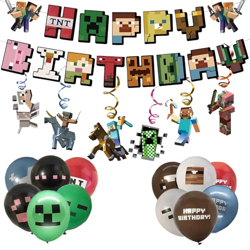 Geburtstagsdeko, Party Deko, 19 Stück Thema Geburtstag Deko Enthalten Banner Spiralanhänger, Pixel Mine Geburtstags Partyzubehör Spiel Fans Dekore für Kinder Jungen Geburtstagsdeko, Party Deko, 19 Stück Thema Geburtstag Deko Enthalten Banner Spiralanhänger, Pixel Mine Geburtstags Partyzubehör Spiel Fans Dekore für Kinder Jungen von AXERHK