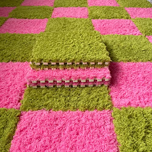 28 Stück Ineinandergreifender Plüsch-Schaumstoff-Teppich,Quadratisch,Zottelige,Weiche Schaumstoff-Spielmatte,Flauschige Teppiche,Puzzle-Teppich,Spielmatte für Zimmerboden(Color:Grün+Rosa) von AXLXXXWEM