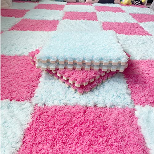28 Stück Ineinandergreifender Plüsch-Schaumstoff-Teppich,Quadratisch,Zottelige,Weiche Schaumstoff-Spielmatte,Flauschige Teppiche,Puzzle-Teppich,Spielmatte für Zimmerboden(Color:Rosa+Blau) von AXLXXXWEM